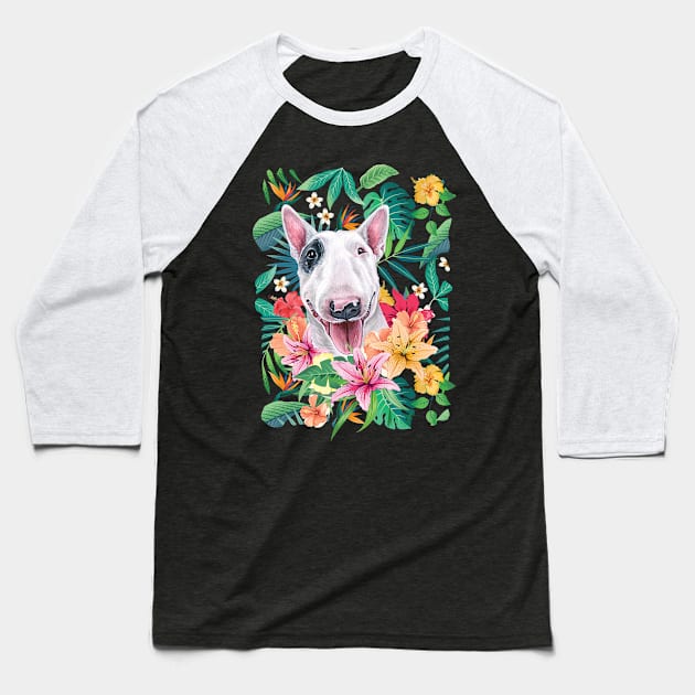 Tropical White and Black Bull Terrier Baseball T-Shirt by LulululuPainting